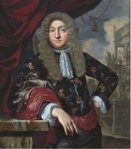 Portrait Of A Gentleman Standing On A Balcony In A Satin Brocade Japansche Rok, Lace Jabot And Wig Portrait Of A Gentleman Standing On A Balcony In A Satin Brocade Japansche Rok, Lace Jabot And Wig