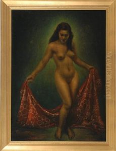 A Young Woman Lowers A Shawl To Reveal Her Nude Figure by Edgar (Edward) Leeteg