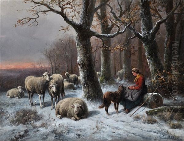 A Shepherdess Tending Her Flock Among Trees In Winter - view 1