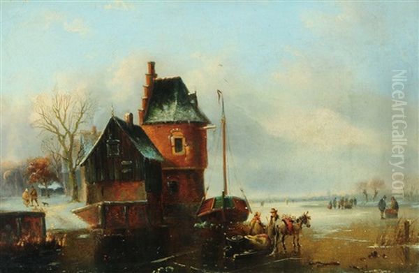A Frozen River Landscape With Brick Tower And Figures - view 1