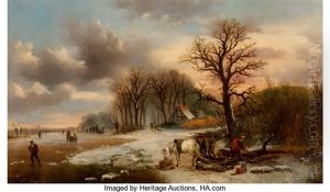 Winter Scene With Figures And Frozen River by Alexis de Leeuw