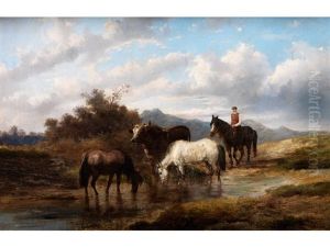 Trinkende Pferde Und Rind Sowie Reiter Und Pferd by Alexis de Leeuw