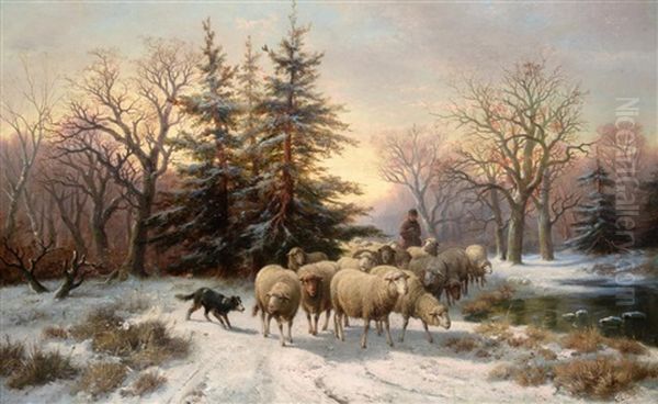 A Shepherd Herding Sheep Through A Winter Landscape - view 1
