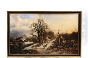 Woodcutters At Frozen River by Alexis de Leeuw