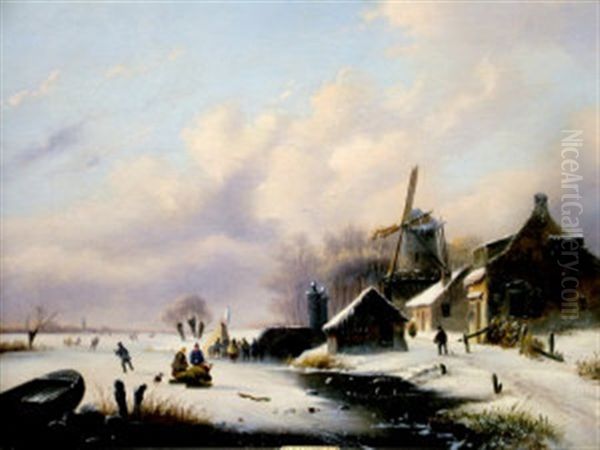 Skaters On A Frozen River In A Wintry Village Landscape - view 1