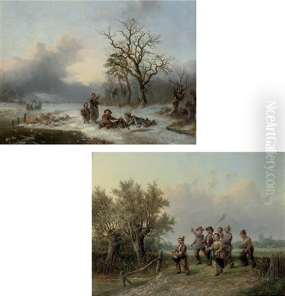 Children Lighting A Fire On A Frozen River Bank (+ Musical Rascals; Pair) - view 1