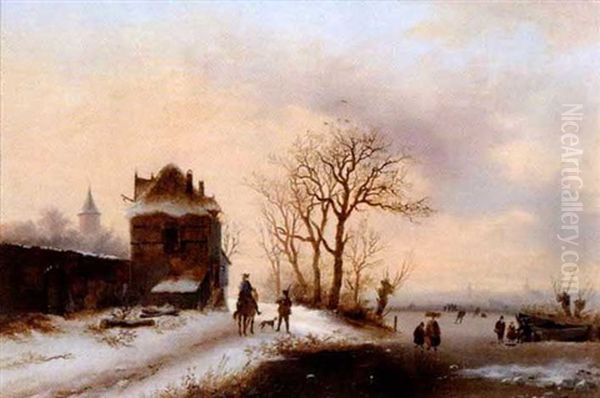 Winter Scene With Skaters On A River - view 1