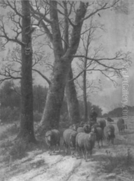 Shepherdess With Flock On A Winter Path - view 1
