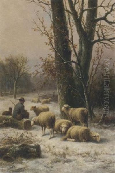 A Shepherd And His Flock In A Snowy Field - view 1