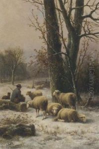 A Shepherd And His Flock In A Snowy Field by Alexis de Leeuw