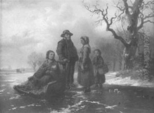 Kinder Mit Schlitten Auf Einem Zugefrorenen Flus by Alexis de Leeuw