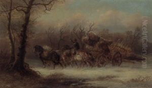 A Forester Driving A Team Of Horses Through The Snow-covered Woods