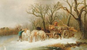 Vinterlandskap Med Man Och Hastar Vid Vagn Med Timmer by Alexis de Leeuw