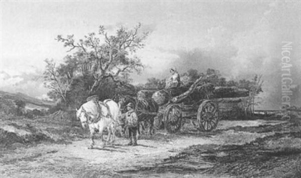 Bauernpaar Auf Mit Holz Beladener Kutsche Mit Pferdegespann - view 1