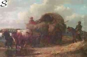Hay For The Troops (landscape With Oxen, Wagon And Figures)