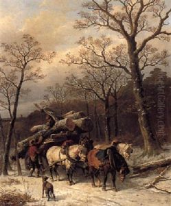 Woodgatherers Loading Logs In A Snowy Forest by Alexis de Leeuw