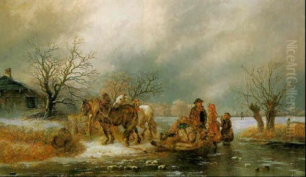 Figures With Horses And A Sled On A Frozen River - view 1