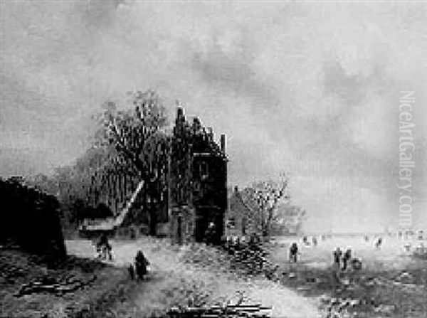 A Winter Landscape With Skaters On A Frozen River By A Fortified Tower - view 1