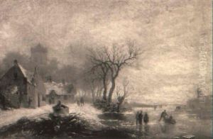 Figures On A Lake In A Frozen Winter Landscape by Alexis de Leeuw