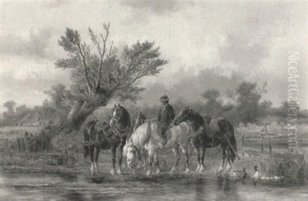Horses Watering At A Village Pond - view 1