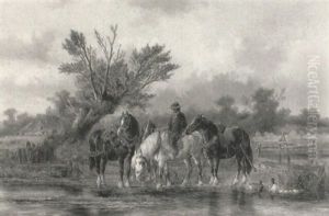 Horses Watering At A Village Pond Horses Watering At A Village Pond