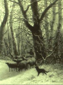 Shepherd With Sheep And A Dog On A Winter Track by Alexis de Leeuw