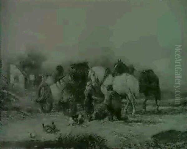 A Blacksmith Shoeing A Carthorse - view 1