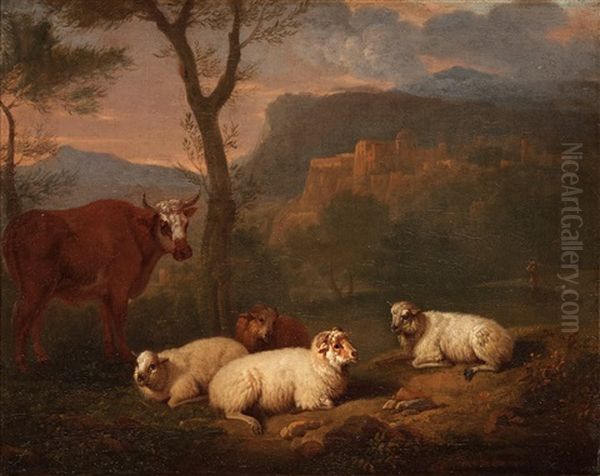 Cow And Sheep Resting In A Landscape - view 1