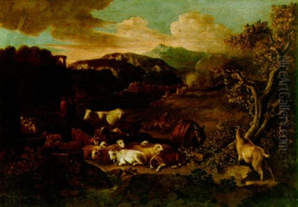 Shepderds With Their Herd Near A Fountain In An Italianate Landscape - view 1