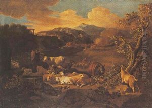 Shepherds With Their Herd Near A Fountain In An Italianate Landscape