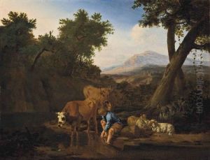 A Wooded River Landscape With Cattle Watering And A Shepherd Resting, Mountains Beyond by Pieter Van Der Leeuw
