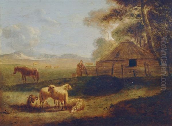 Sunlit Meadow With Shepherdess And Sheep - view 1