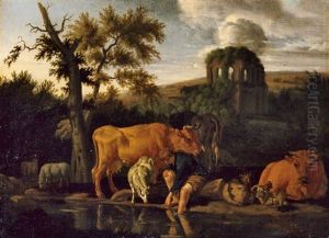 Landschaft Mit Hirtenstaffage Und Ruine by Pieter Van Der Leeuw