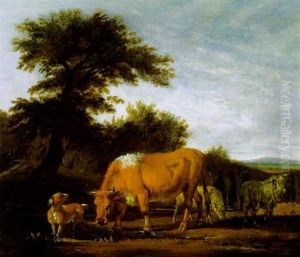 Eine Kuh Und Zwei Schafe Mit Einem Hirtenhund Auf Der Weide by Pieter Van Der Leeuw