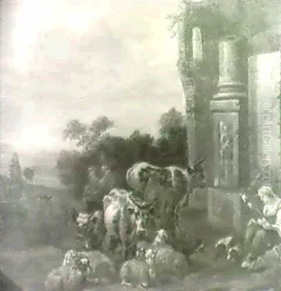 An Italianate Landscape With A Cowherd, A Shepherdess,      Cattle And Sheep Beside Classical Ruins - view 1