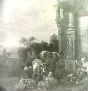 An Italianate Landscape With A Cowherd, A Shepherdess,      Cattle And Sheep Beside Classical Ruins