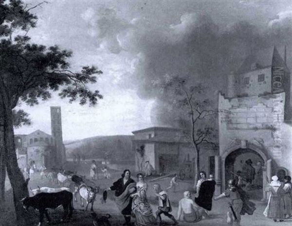 Marktplatz Einer Sudlichen Stadt, Uber Den Eine Kuhherde Getrieben Wird - view 1
