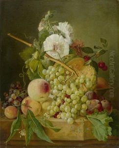 Stillleben Mit Fruchten Und Blumen Auf Eine Steinplinthe