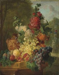 Pomegranates, Grapes, Figs, Flowers And A Sculpted Urn, On A Stone Ledge, In A Garden
