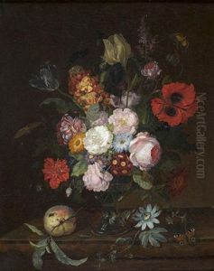 Nature Morte Au Vase De Fleurs Animee De Papillons Sur Un Entablement