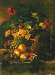 Still Life Of Fruit, Flowers, Corn And Nuts, All On A Stone Ledge by Gerrit Van Leeuwen