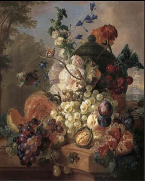 A Still Life Of Assorted Fruit And Flowers Including        Grapes, Plums, Cherries And A Pomegranate Upon A Stone - view 1