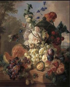 A Still Life Of Assorted Fruit And Flowers Including        Grapes, Plums, Cherries And A Pomegranate Upon A Stone