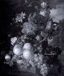 A Still Life With Fruit And Flowers by Gerrit Van Leeuwen