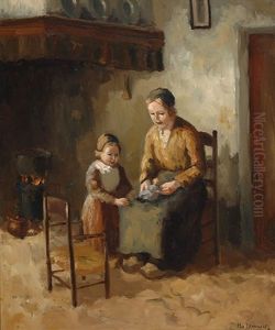 Interior In Laren With A Mother And Child by Hendrik van Leeuwen
