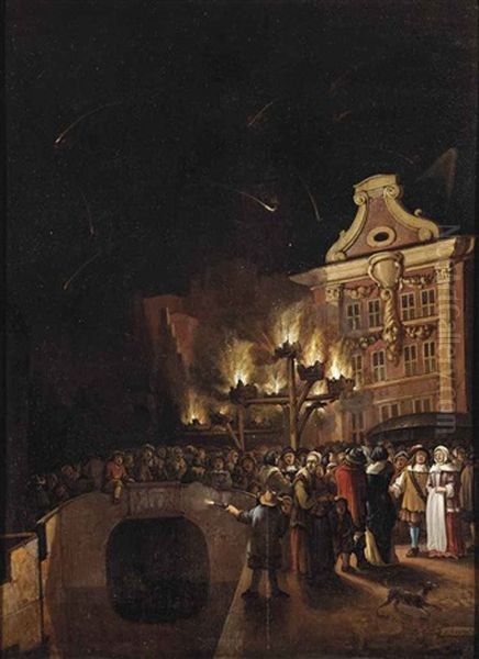 Fireworks And Torchlight Along The Delftsevaart In Rotterdam, The Laurenskerk Beyond - view 1