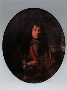 Portrait D'homme, La Main Droite Posee Sur Le Revers De Son Manteau Brode De Fil D'argent, En Cravate Rouge Nouee Sur Un Col De Dentelle, Se Detachant Sur Un Fond De Paysage Et D'a