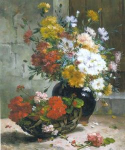 Still Life With Roses And Still Life With Chrysanthemums And Daisies by Ernest Eugene Lefebvre