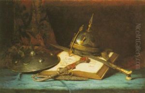 A Still Life With A Book And Helmet by Ernest Eugene Lefebvre