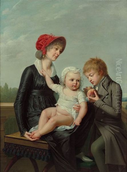 Portrait D'une Femme Avec Ses Deux Enfants Dans Un Paysage - view 1